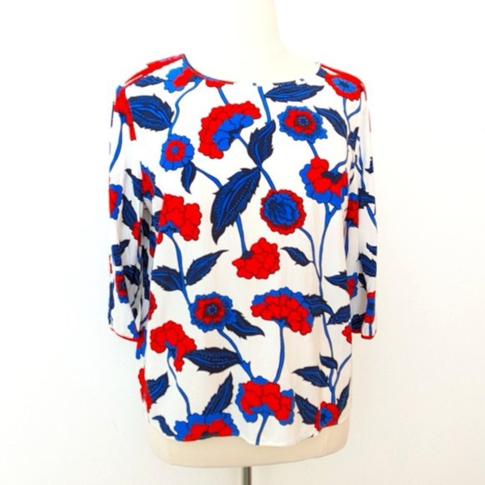 Boden Red Blue Floral Americana Cottagecore Blouse US 2